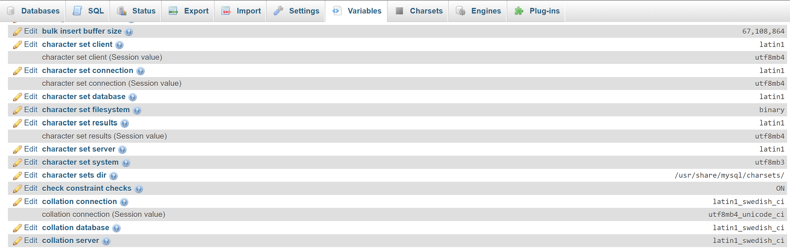 screenshot showing list of variables on server