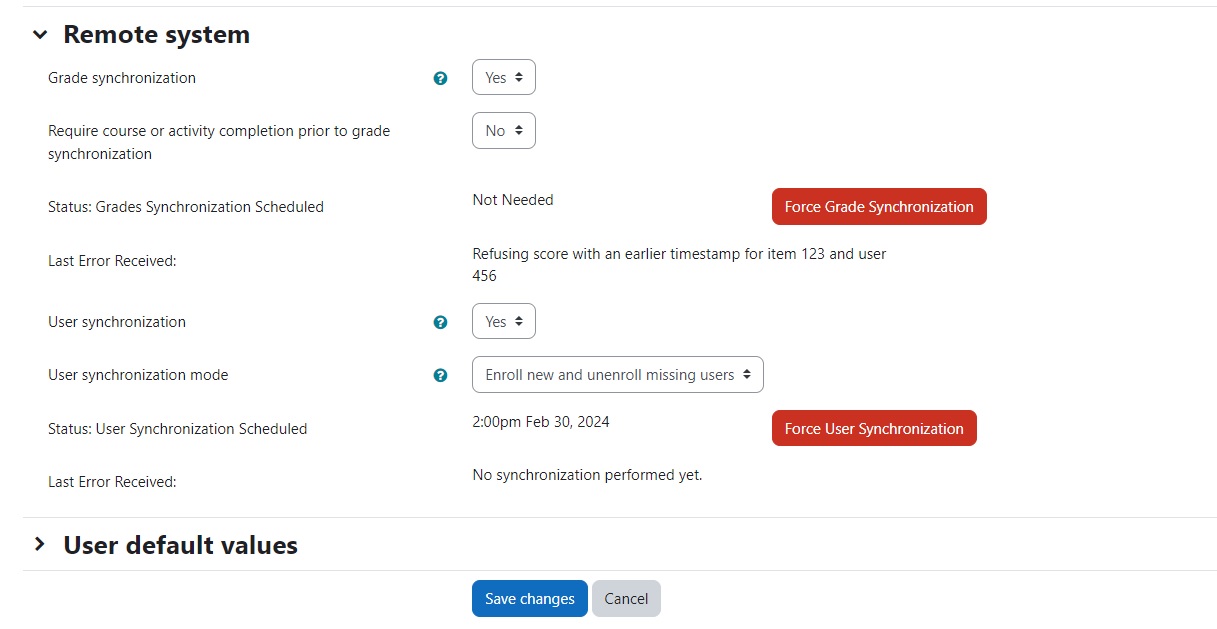Proposed Remote System submenu of editinstance.php for enrol_lti with inserted status rows and force synchronization buttons.